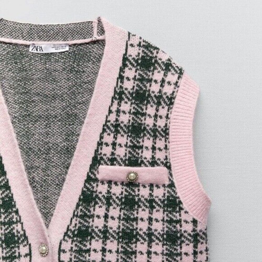 ZARA Pink Green Plaid Knit Vest - S - Picture 2 of 4